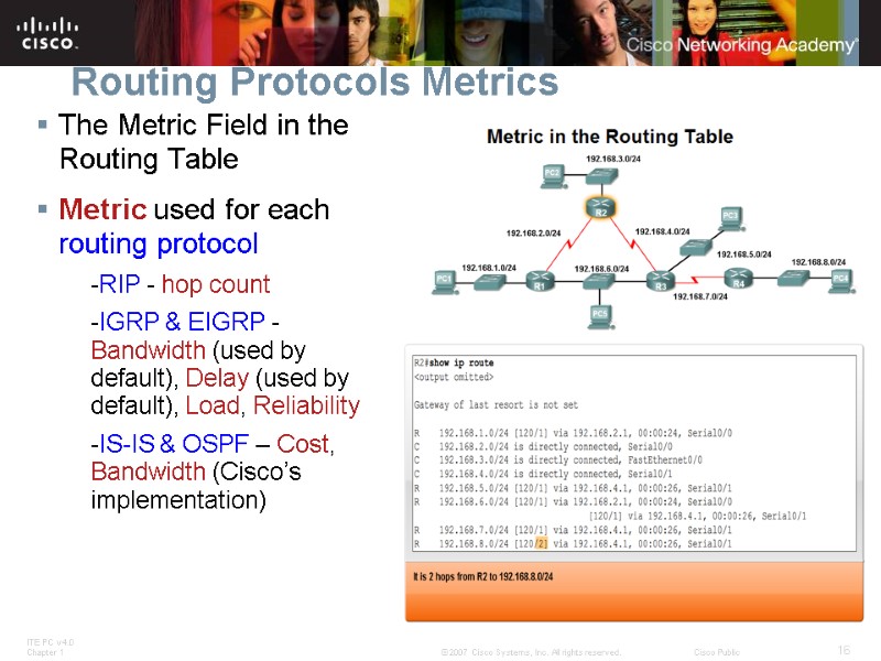 Routing Protocols Metrics The Metric Field in the Routing Table Metric used for each